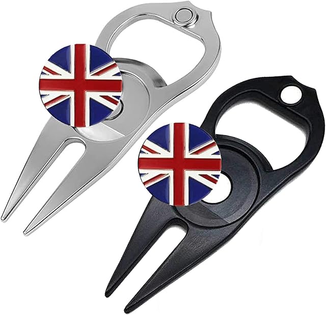 FINGER TEN Golf Divot Repair Tool and Ball Marker UK, Golf Pitchfork Switchblade Foldable Metal Magnetic Pop-up Button for Golfer Indoor Outdoor