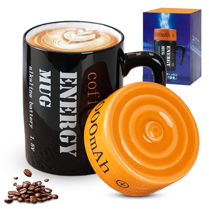 EUBSWA Tazza da caffè a forma di batteria con coperchio, 350 ml, in porcellana, per ufficio, regalo personalizzato per colleghi, familiari e amici
