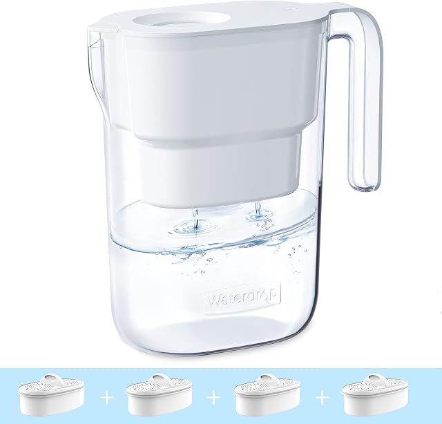 Waterdrop Water Filter Jug with 4×90 Days Filter, Multi-Stage Filtration System, Reduce Fluoride, Chlorine etc, 2.5L, NSF Certified, BPA Free, White (4 Filters)