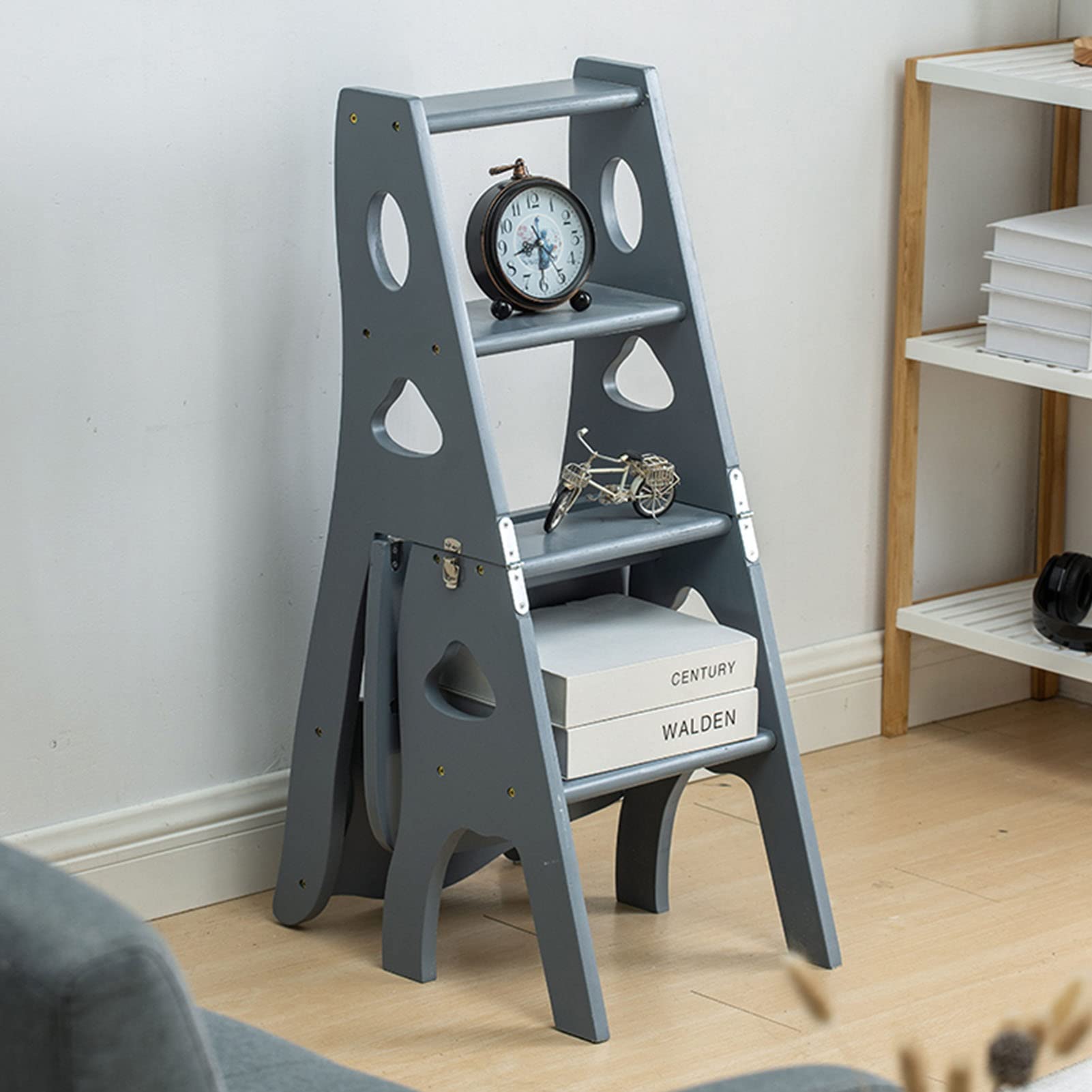 Échelle chaise combinaison étagère pliable en bois gris 4 étapes pour plantes