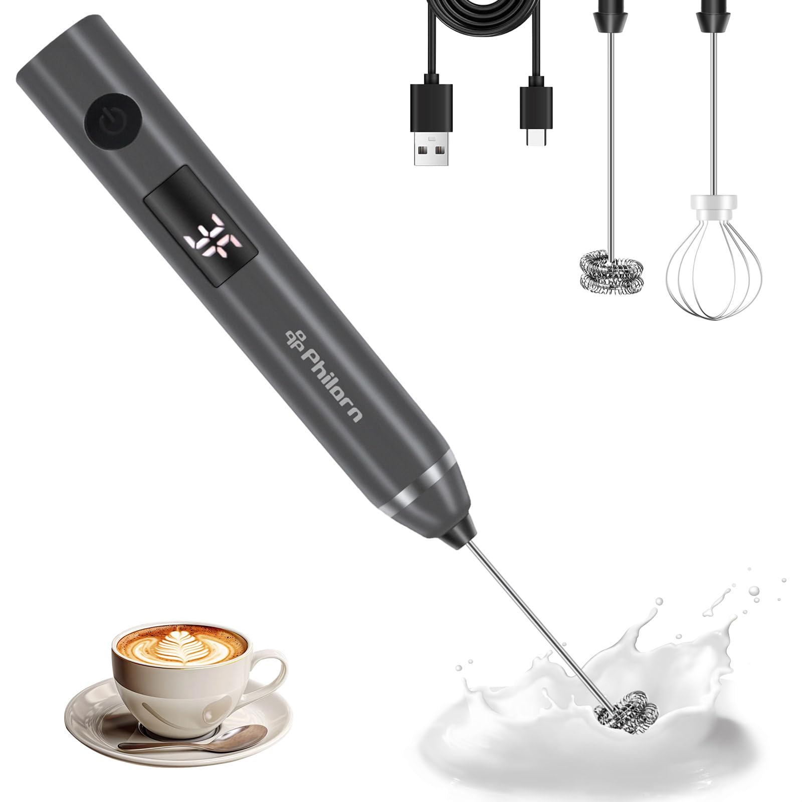 Philorn Rechargeable Handheld Milk Frother with Battery Indicator & 2 Whisks - Electric Coffee Whisk, Cappuccino Mixer, Hot Chocolate Frother for Barista-Style Drinks (Black)
