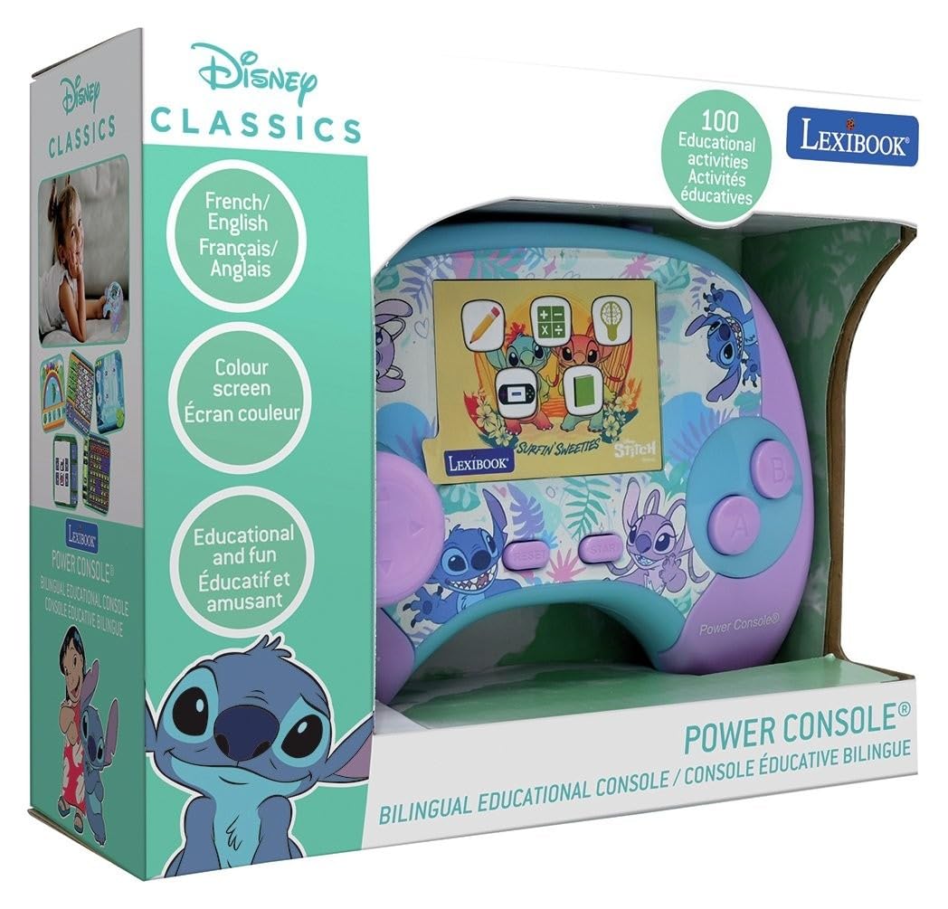 Lexibook, Disney Stitch, Power Console®, Consola de Juegos Educativos Bilingüe Francés/Inglés con 100 Actividades, JCG100Di1