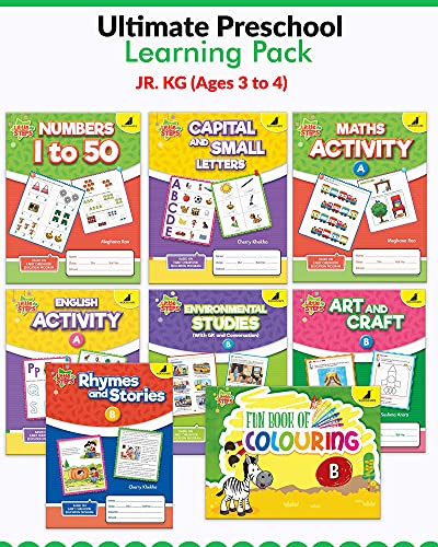 Image of Woodsnipe Preschool Pack for LKG Ages 3-4 Years| 8 Books to teach Capital and Small Letters, Numbers 1 to 50, EVS, Rhymes, Colouring, Crafts | Ample Activity Worksheets on Tracing, Colouring, Puzzles and more