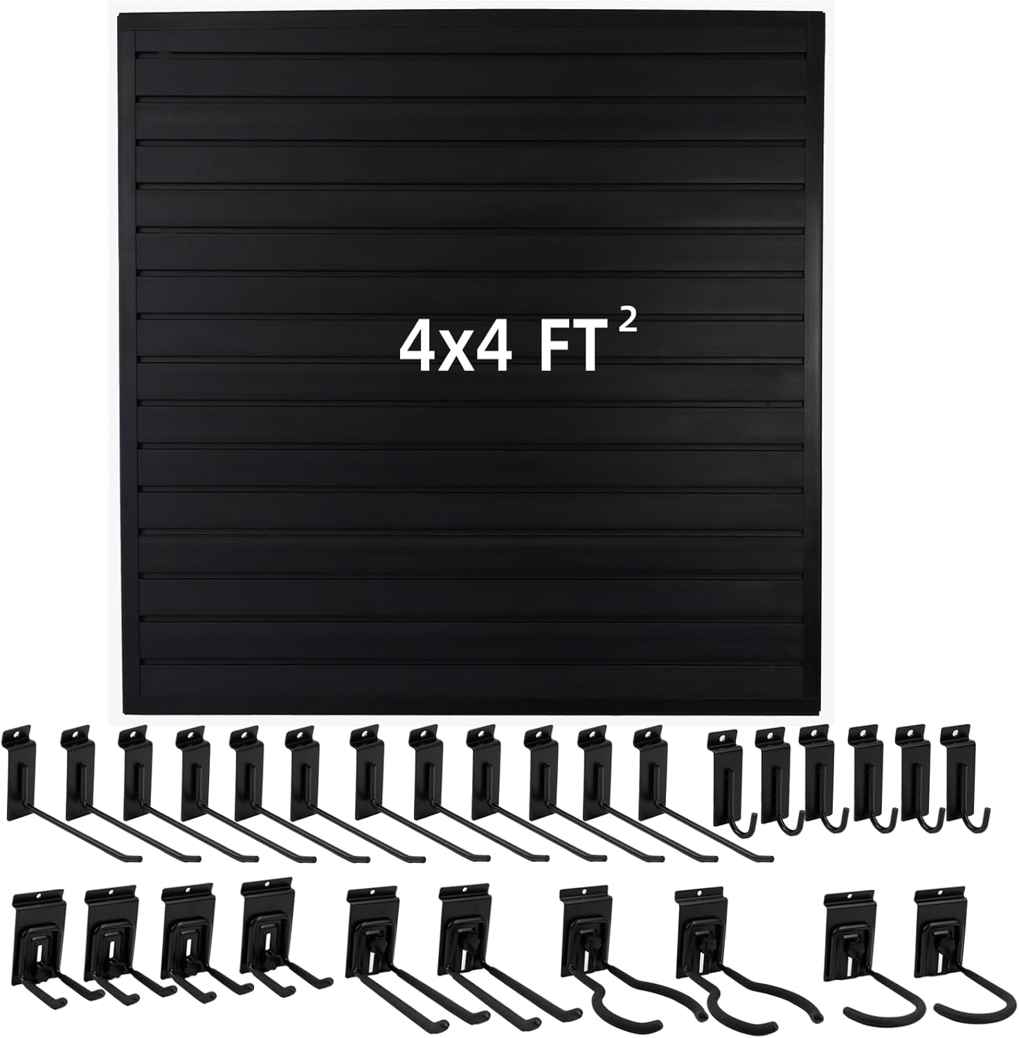 Slatwall Pane 4'x4' with 28 Garage Hooks Garage Wall Organizer PVC Black Slat Wall Panels Garage Wall and Home Organizer Storage System