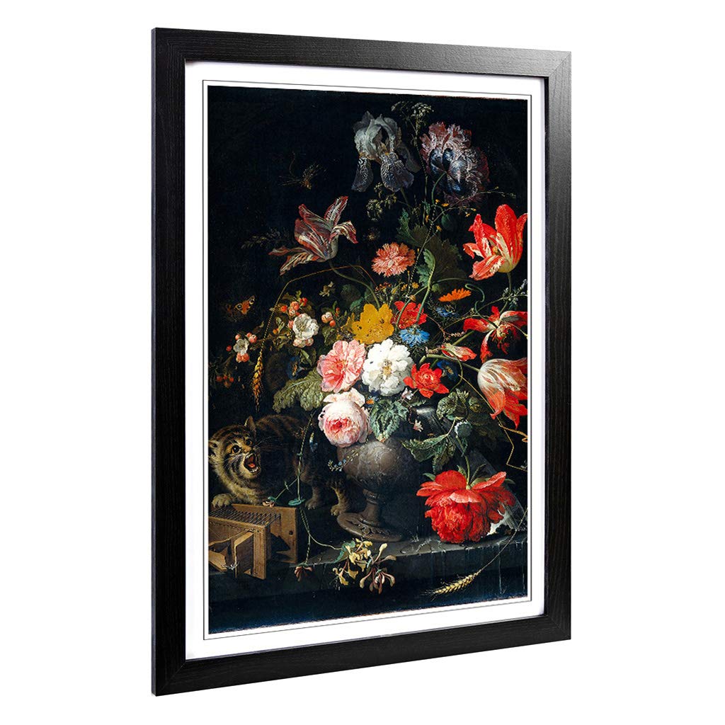 Big Box Art Framed Print of Abraham Mignon Flowers Cat Design | Wall Art Picture | Home Decor for Kitchen, Living, Dining Room, Bedroom, Hallway, Office, Black, A2 / 24.5x18 Inch / 62x45cm