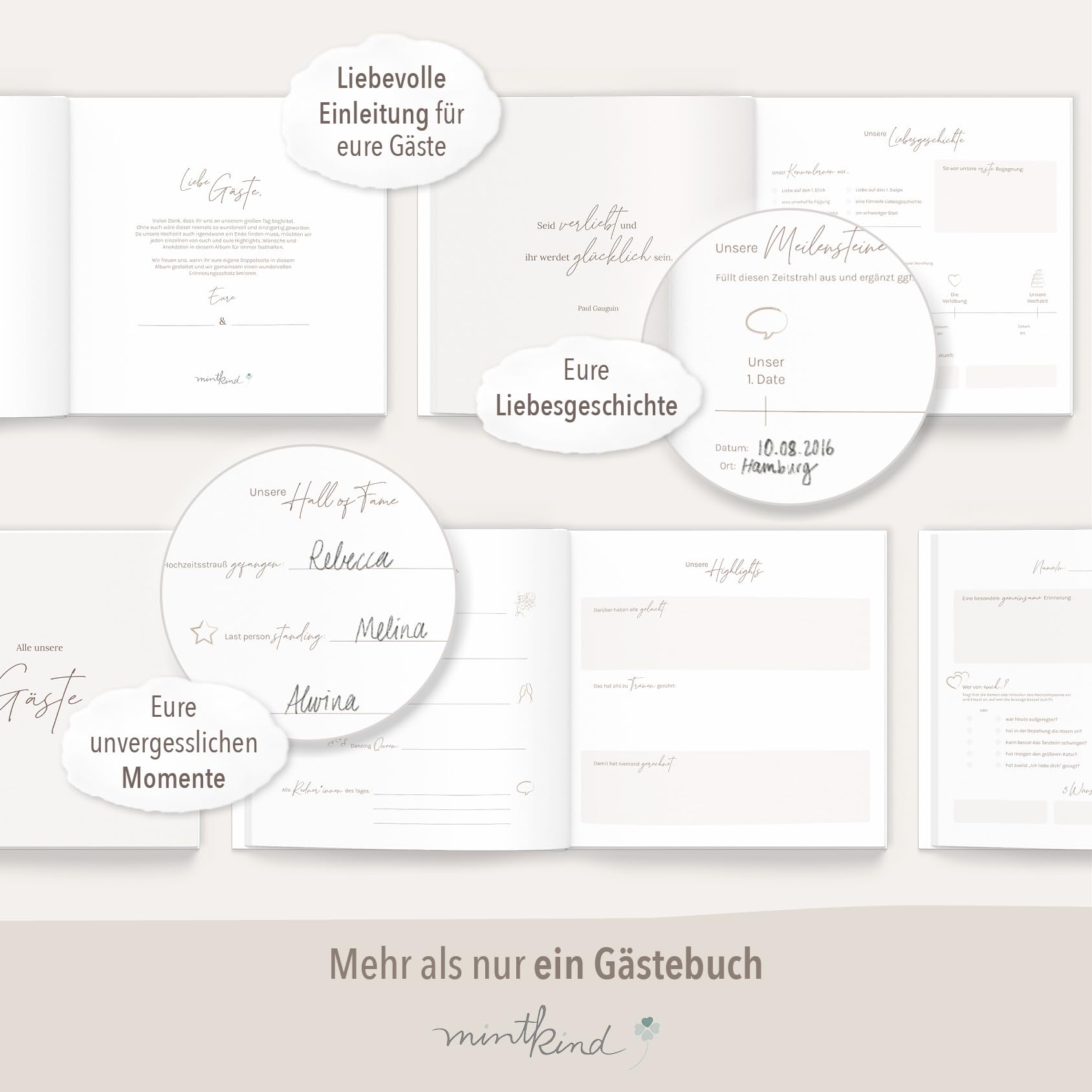 mintkind® Gästebuch Hochzeit zum Ausfüllen Beige inkl. 4 Stickerbögen | 84 Seiten mit Fragen für die Gäste | Hochzeitsgeschenke für Brautpaar als Hochzeit Deko | Goldene Hochzeit Silber Hochzeit