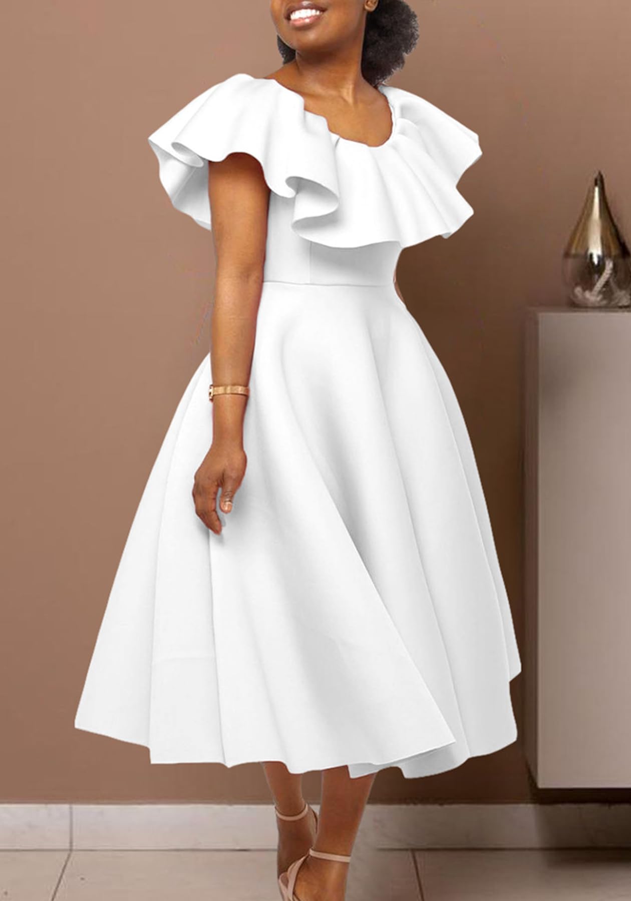 Tcremisa Abito da donna elegante con volant per banchetto, estivo, spalle scoperte, plissettato, linea A, abito da sera per feste e balli