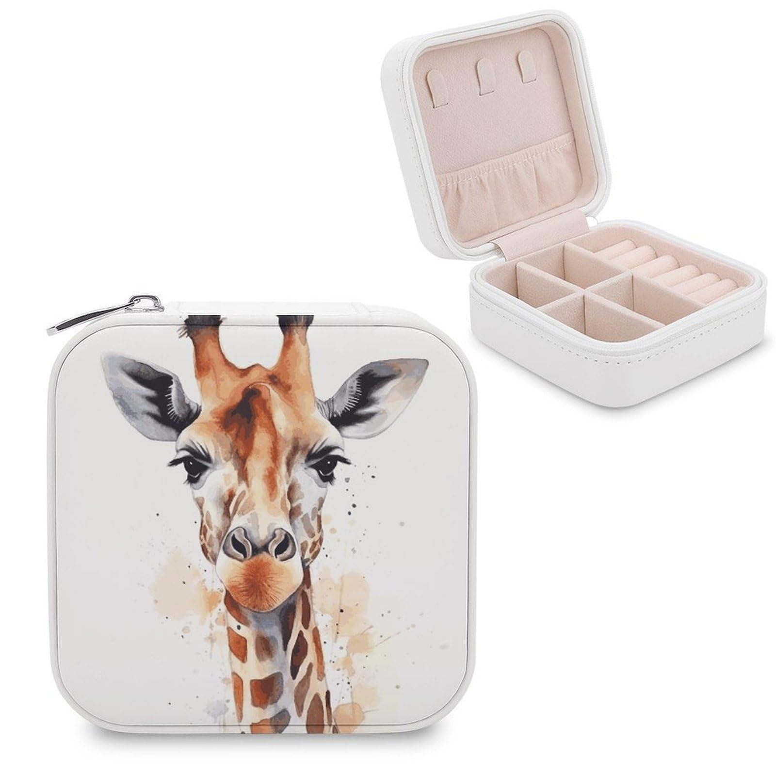 MUSM Stylish Animal Watercolor Giraffe Travel Jewelry Case Personalized PU Leather Jewelry Boxes for Women Small Portable Jewelry Organizer Box Cute Trinket Box for Necklaces Rings Earrings & Gifts