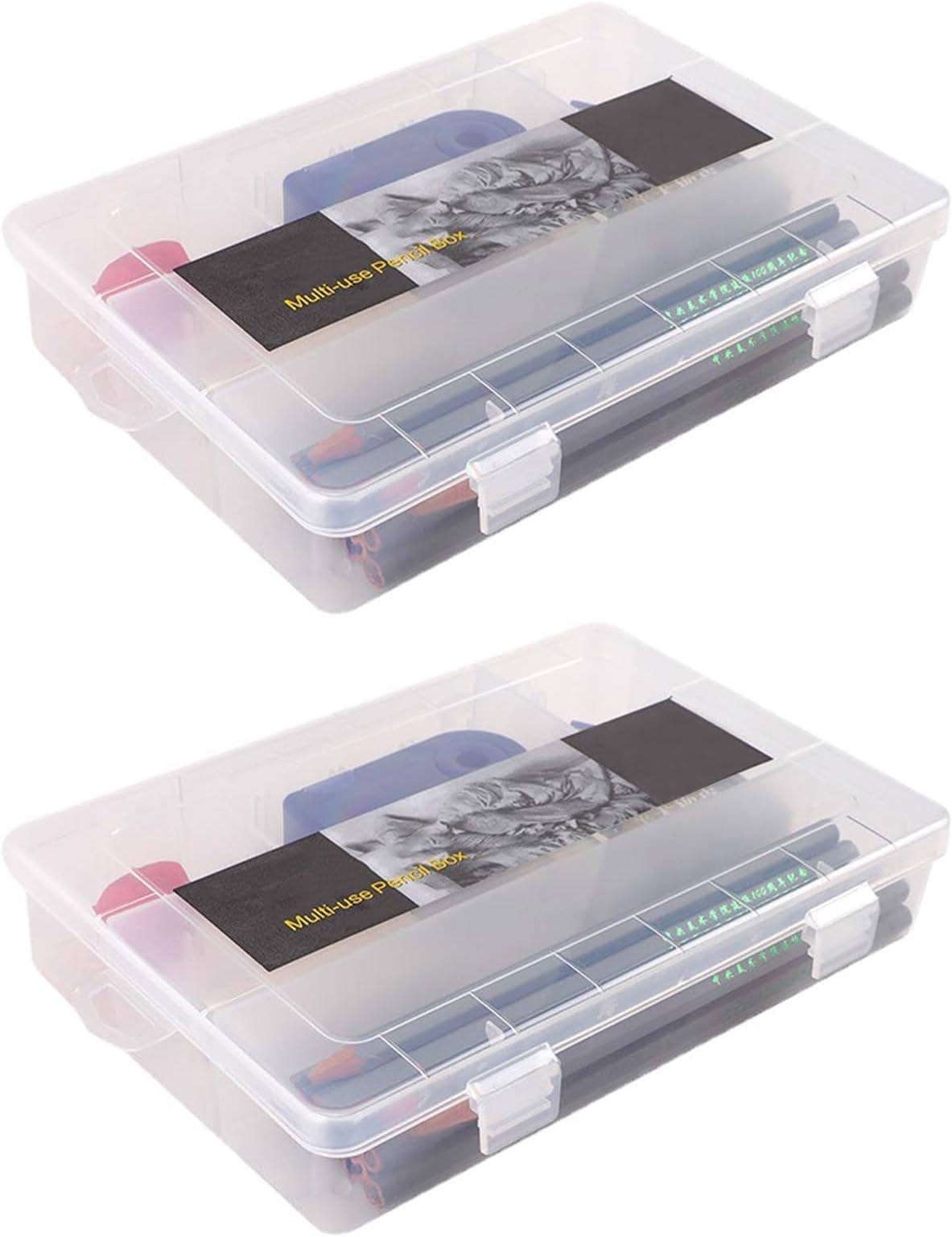 2 Pack Plastic Art Craft Supply Organizer Pencil Storage Box with Snap-Tight Closure Latch, Brush Painting Pencils Storage Box Art Storage Case for Pen Rubber Ribbons Beads Sticker Yarn, Clear