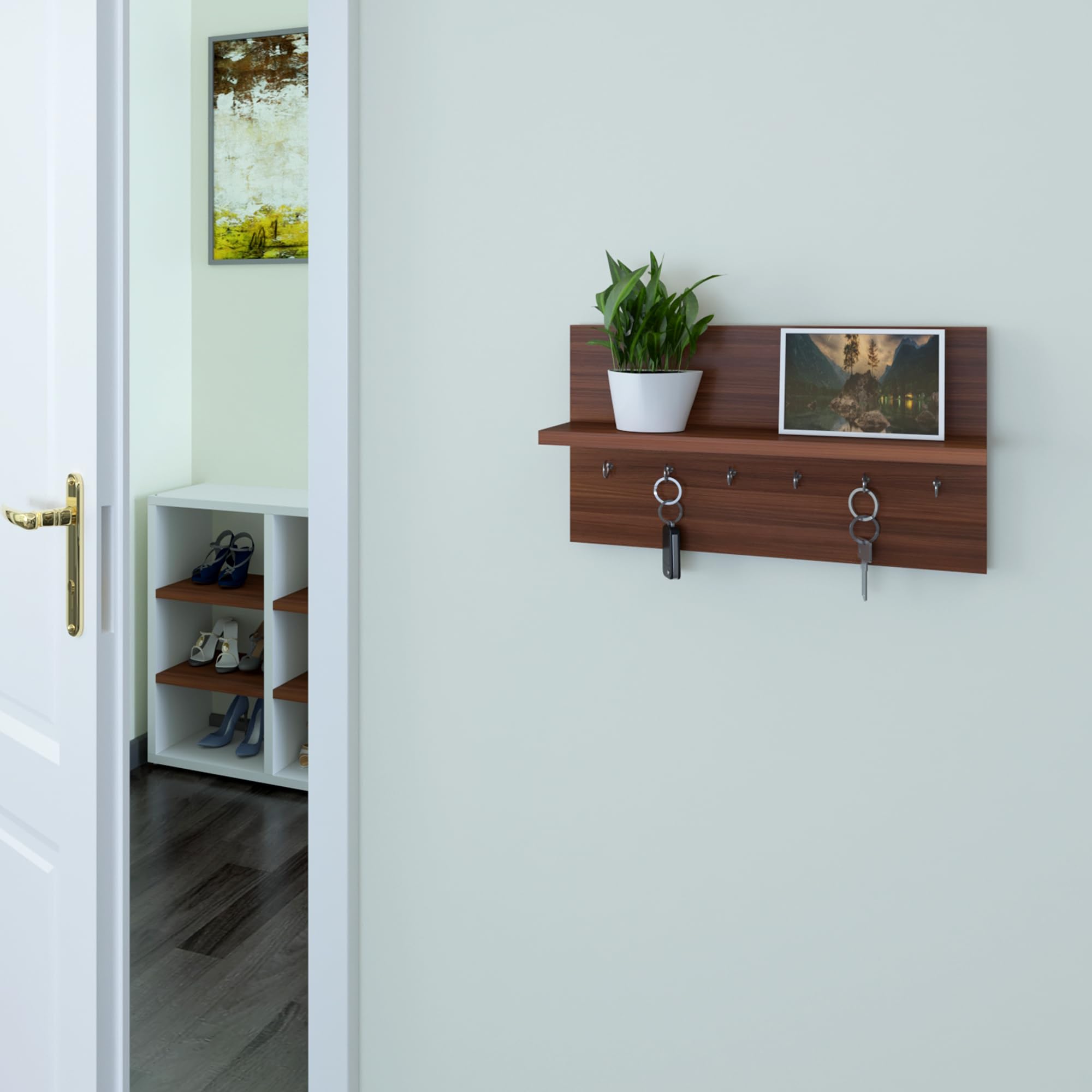 Anikaa Omega Engineered Wood Key Holder Stand Wall Hooks Stand Key Chain Hanger Wall Hanging Key Holder with Shelf - (Walnut) D.I.Y