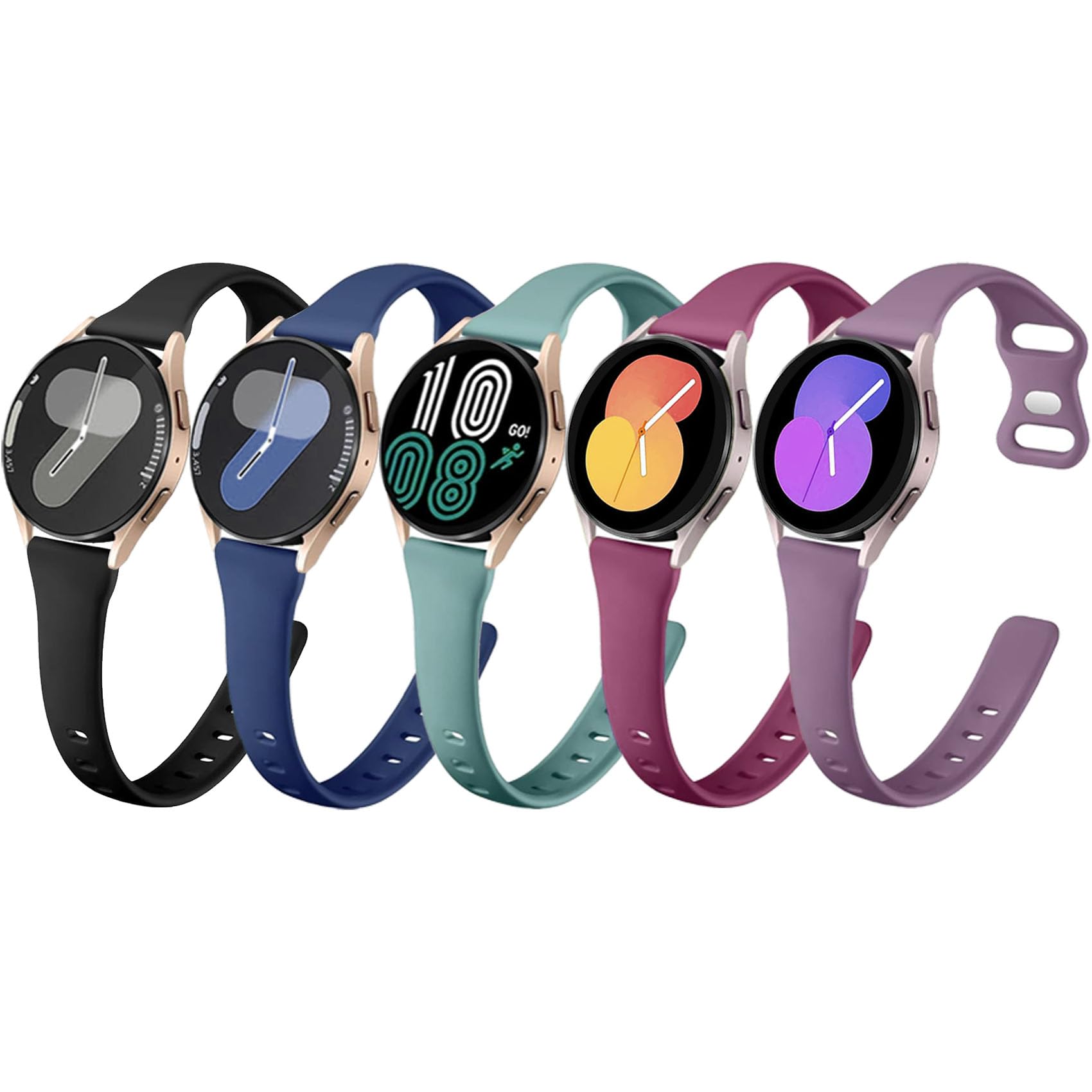 5 Pack Slim Bands Compatible with Samsung Galaxy Watch 4 5 6 7 Band 40mm 44mm, Galaxy Watch 5 Pro/ 4 6 Classic/Active 2, 20mm Soft Silicone Replacement Strap for Women Men