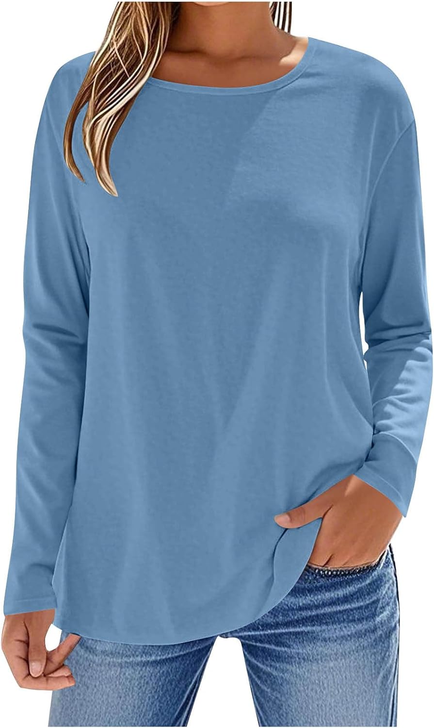 Women's Long Sleeve Round Neck Tops Loose Fit Casual Fall Solid Color Shirts Plain Fashion Tunic Lightweight Blouse