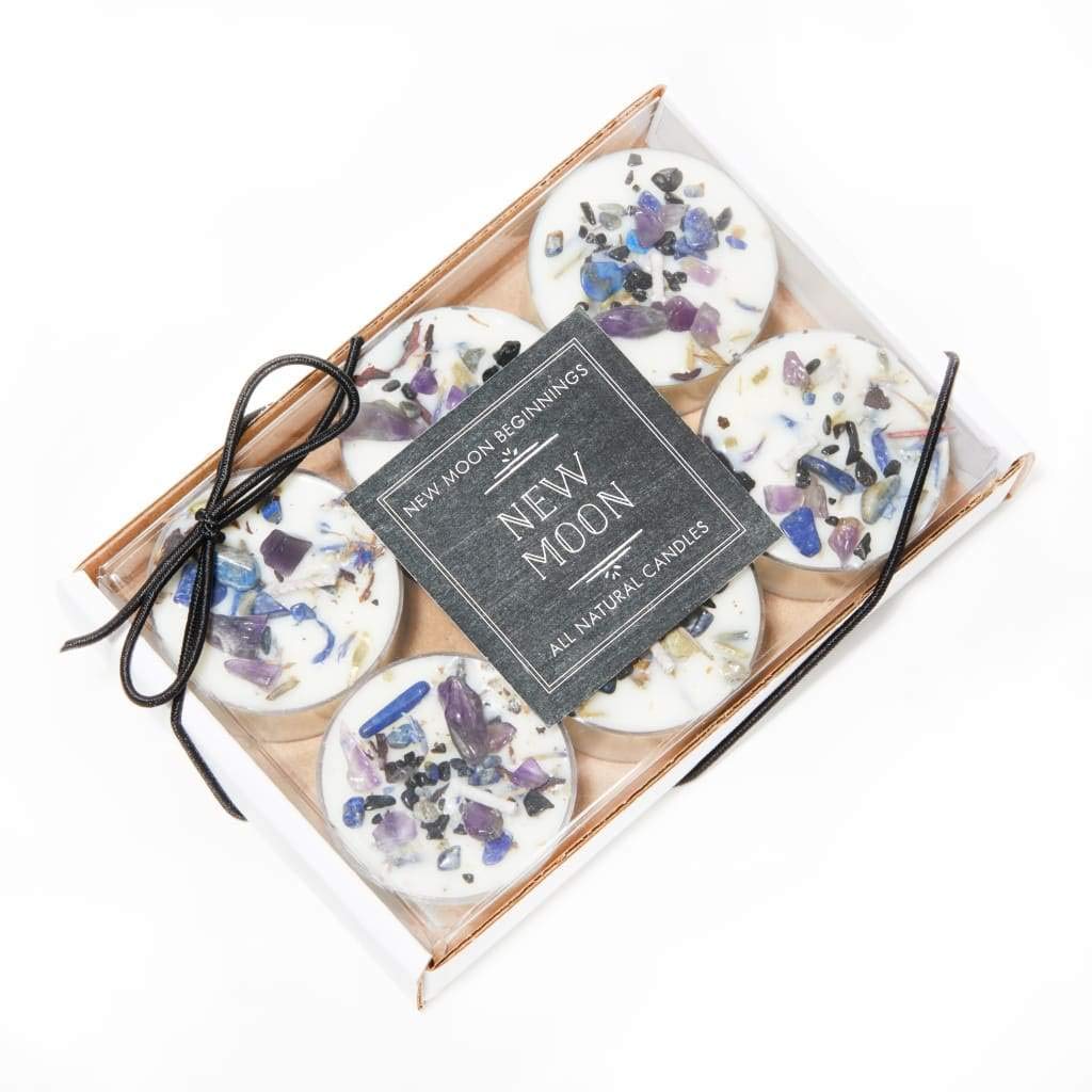 New Moon Beginnings - New Beginnings & Manifestation Candle - Dried Flower, Herb & Crystal Tealights - Aromatherapy Soy Candle Set of 6