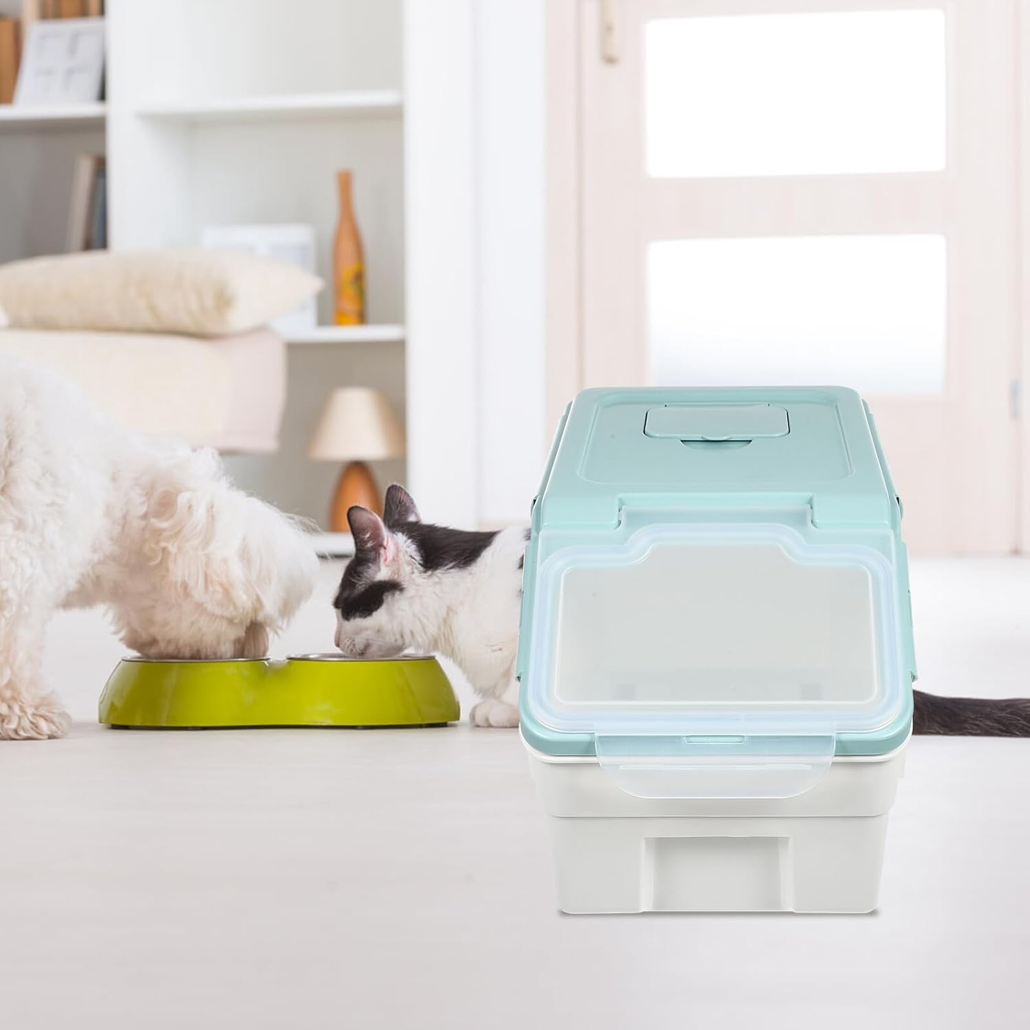 WOONEKY Pet Food Storage Bucket Sealed Moisture-proof Container Nordic Blue Small Dog and Cat Food Bin for Household Use
