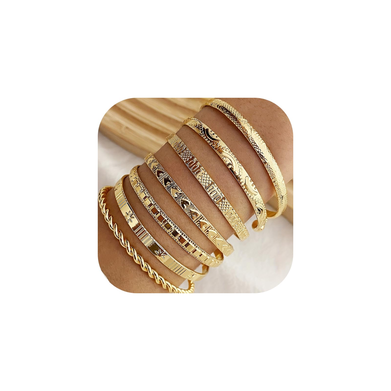 RINTOLER 7Pcs Gold Bangle Bracelets Set for Women - Multi Layer Stackable Textured Bracelets Indian Cuff Bangles Boho Jewelry Set