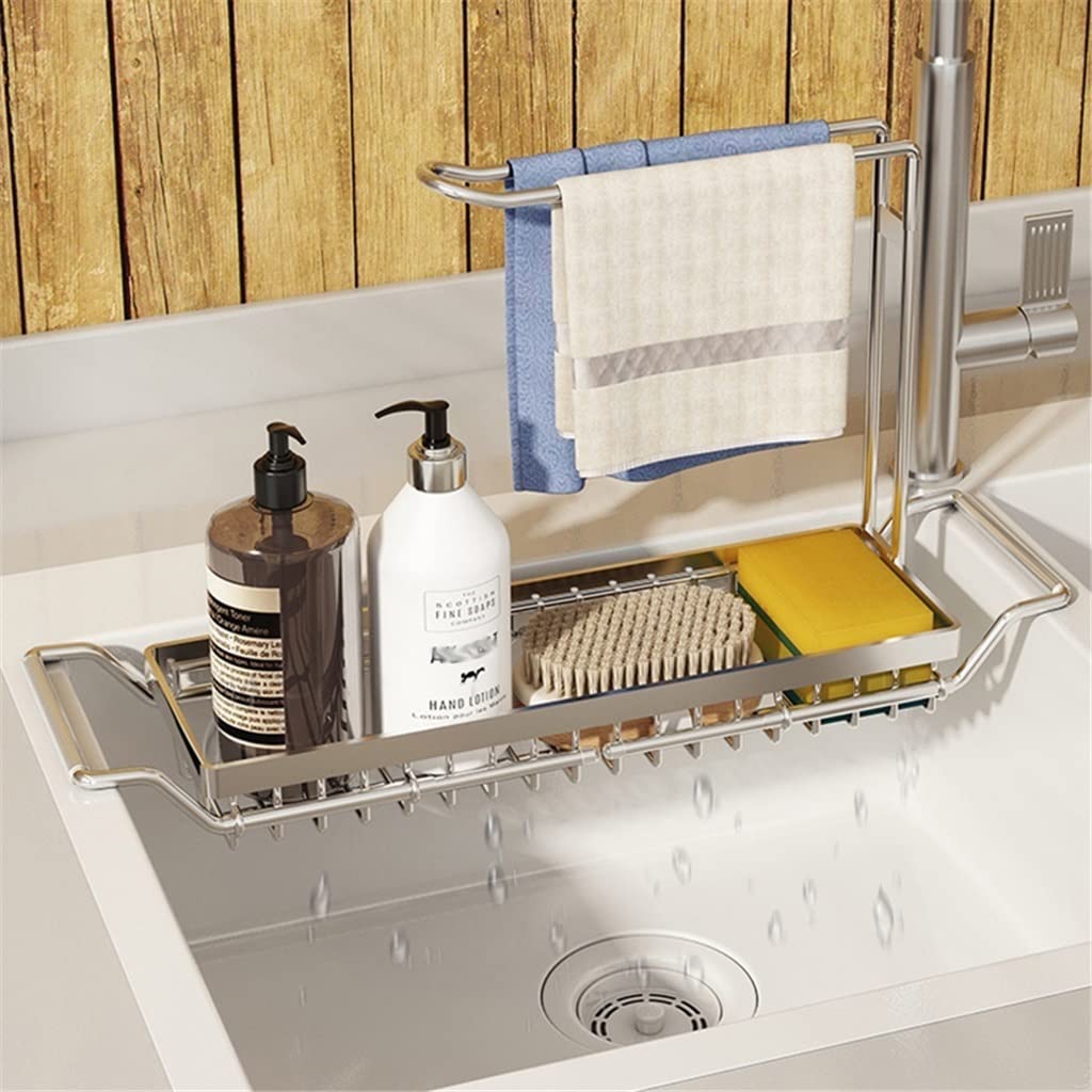 Mensola telescopica per lavello in Acciaio Inox, portaoggetti Regolabile con Scarico, Porta Sapone, Spugna, straccio, Organizer da Cucina (Colore: B, Dimensioni 23,5 * 10,5 54 cm)