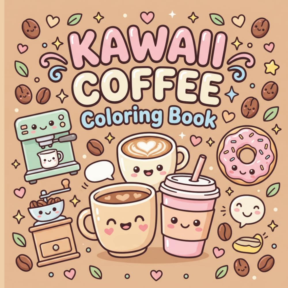 Kawaii Coffee Coloring Book: Cute Fun Pages Kids Easy Relaxing Activities Adorable Cups Latte Donut Sweets Beginners
