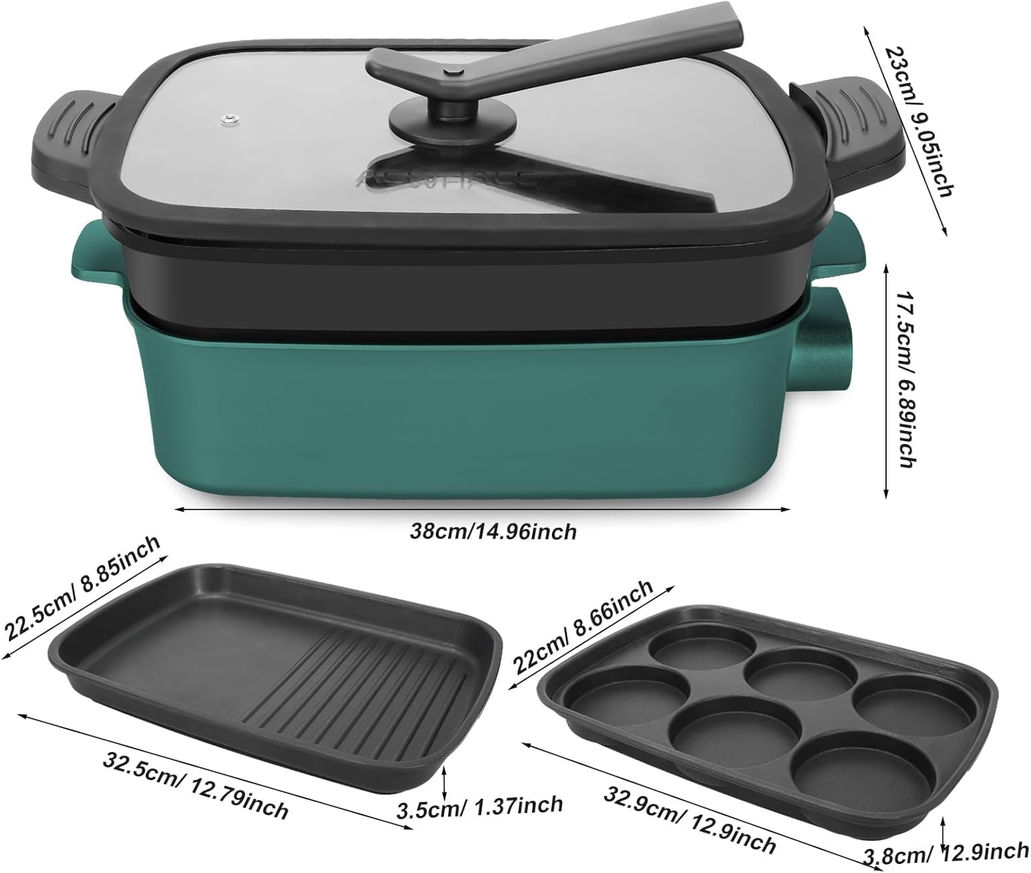 AEWHALE 3 en 1 Sartén Multifuncional Grill Eléctrico,Sartén eléctrica con tapa de cristal 1500W Revestimiento Antiadherente,Superficie Extraíble y asas de tacto frío Sartén eléctrica para Panqueques