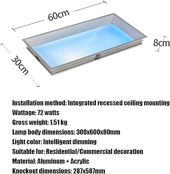 LED Blue Sky Light Ceiling Lamp, Smart Blue Sky Light, Natural Light Skylight, Simulate Daylight Rhythms, Adjustable Color Temperature, for Basement, Living Room and Hallway,300 * 600 * 80mm