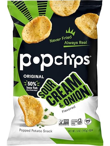 Popchips Papas fritas, crema agria y cebolla, bolsas para compartir de 4 unidades, 5.0 onzas, bajas en calorías y sin gluten, aperitivos saludables