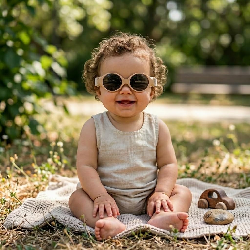BÉABA, Gafas de sol con banda para bebé 0-9 meses, protección UV 100% – CAT 4, protección lateral, confort óptimo, banda elástica ajustable, Ocre