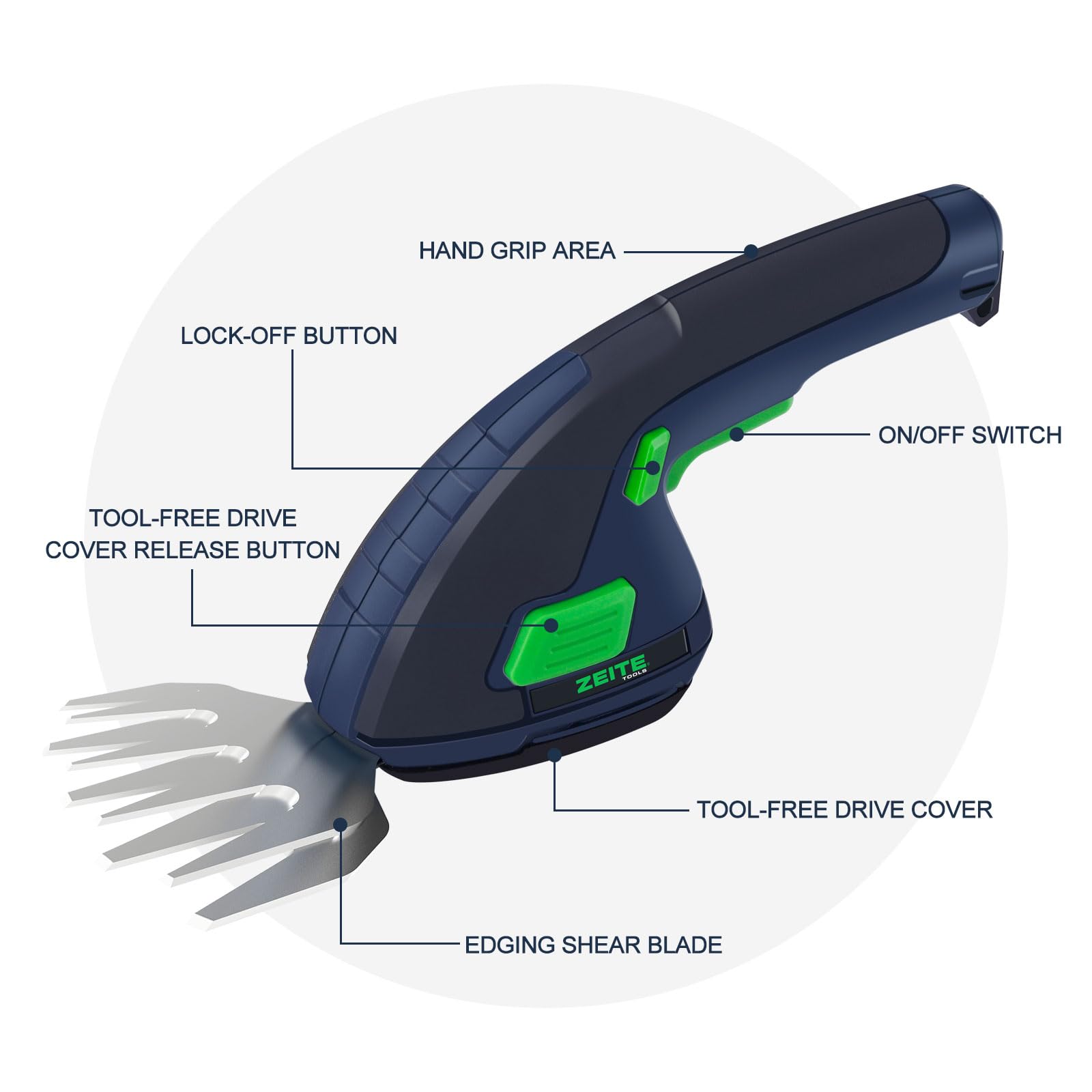 ZEITE - Cortadora de césped y arbustos de 7.2 V, cortador de césped inalámbrico 2 en 1 y mini cortasetos, batería recargable de iones de litio y cargador, mango largo, herramienta versátil de jardín