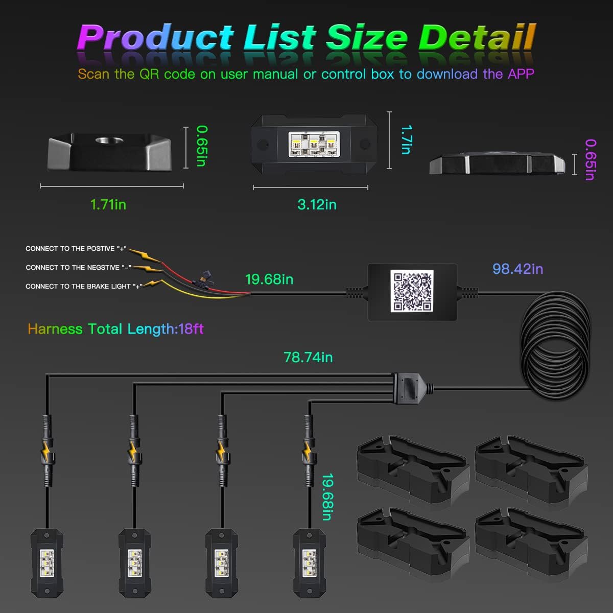 LEDMIRCY R4 RGBW Rock Lights with Bluetooth APP Control Multicolor LED Rock Light RGBW 4 Pods Kit Flashing Music Brake Mode for Trucks ATV UTV SUV Underglow Trail Rig Lights Under Body Waterproof