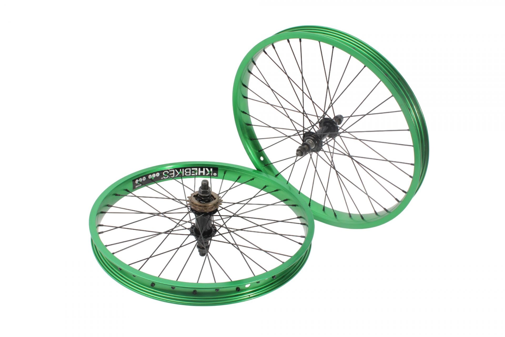 KHE Prism BMX zestaw kółek biegowych, 20 cali, zielone anodowane, szerokość obręczy 38 mm, 16 zębów, wolne koło zębate