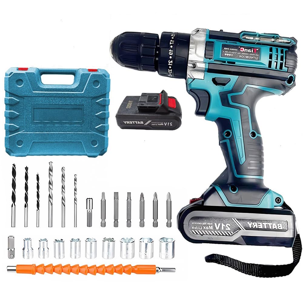 Blue Sports Flyfree Cordless Drill Driver, 21V Electric Drill Screwdriver Kit With 25+1 Torque, 2 Speed With 2 Batteries 2.0Ah, Led Light For Home And Garden Diy Project (Blue)