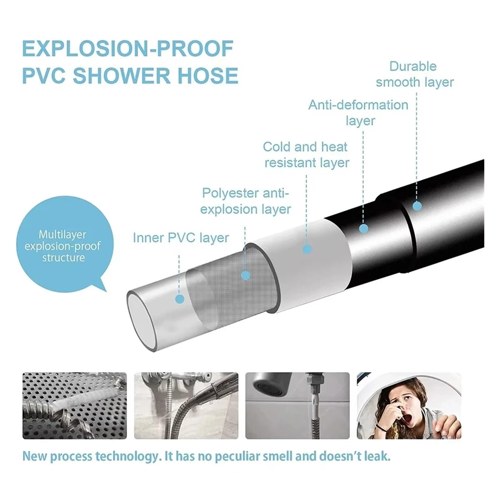 Manguera de ducha flexible de PVC negro de 2 m, manguera de agua de alta presión, accesorio de fontanería multicapa para baño, conector de cabezal de ducha