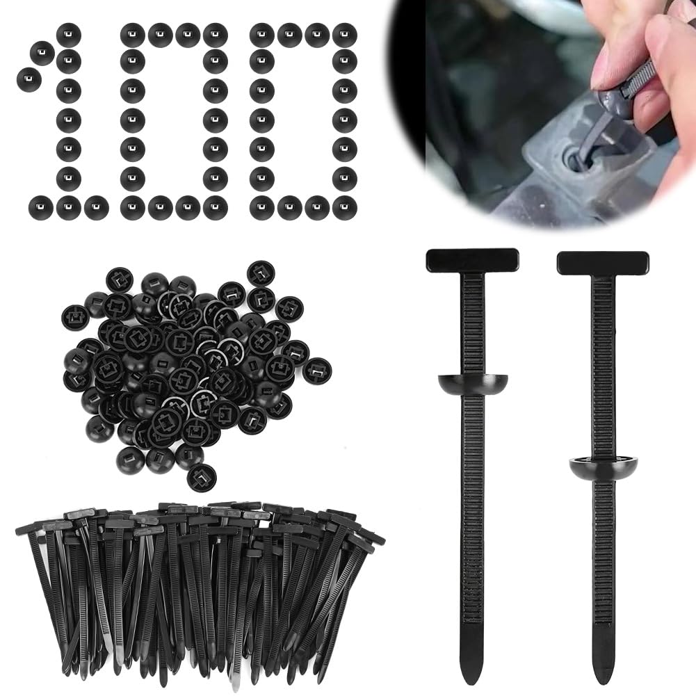 URAQT Fascette Plastica Universali, 100 pezzi Nylon Universal Cable Tie Buckle, Fascette plastica nere con design a perno e bottone, Fibbie Universalis in Nylon per Cavi per fissaggio auto, Parafanghi