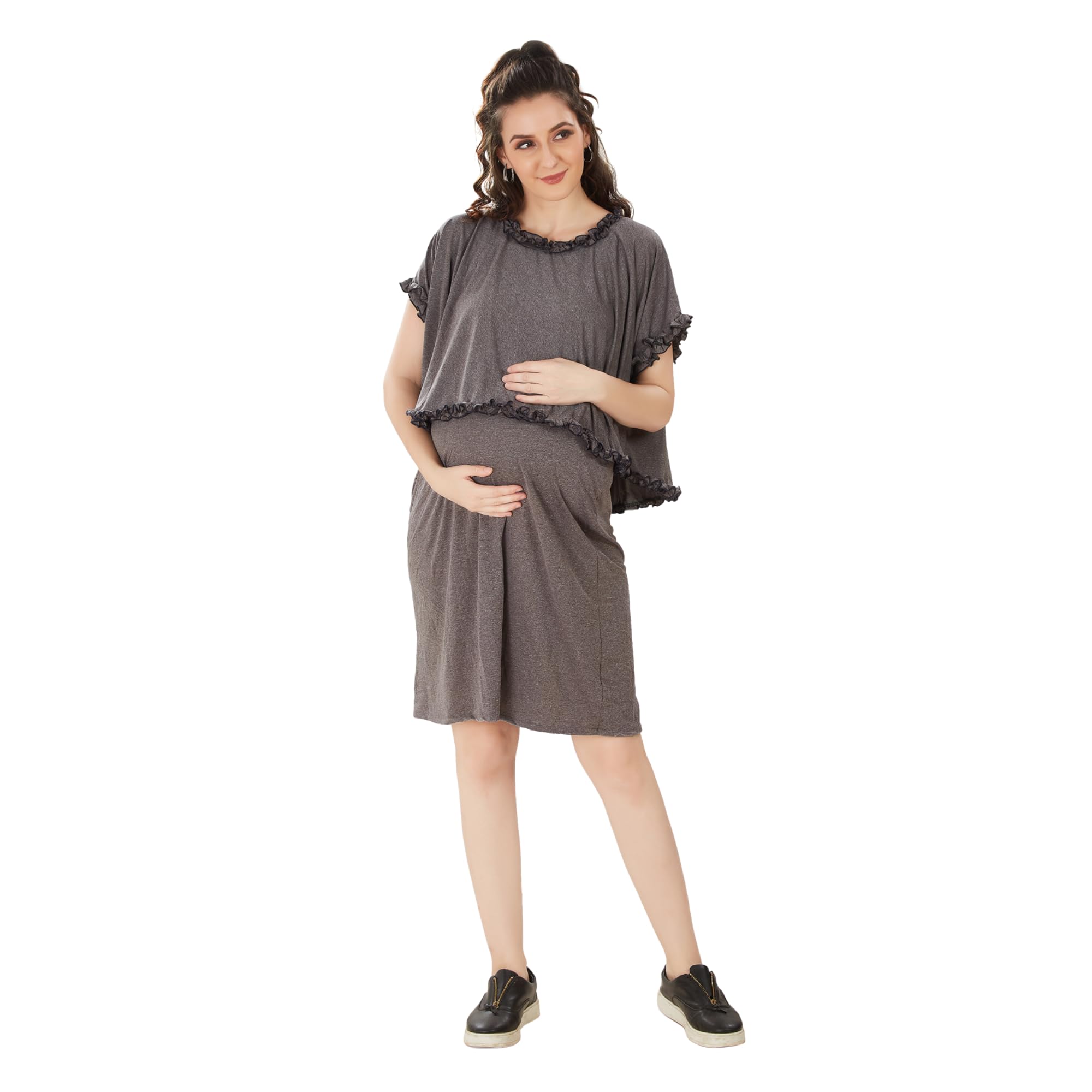 Grey Cotton Layered Maternity Dress-image-24