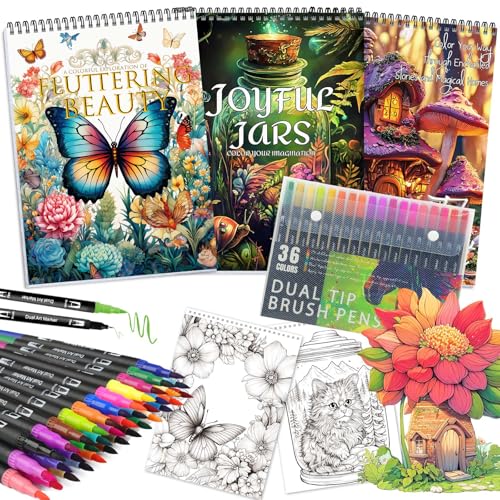 Livre de coloriage pour soulagement du stress adulte femme avec 36 feutres doubles flore