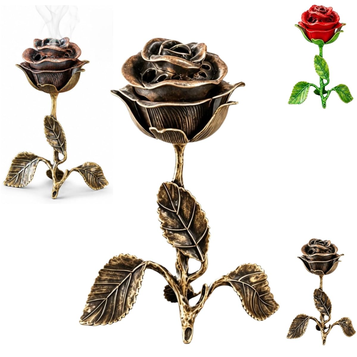 Vintage Rose Incense Burner, Antique Floral Decorated Incense Burner, Metal Material, with Ash Tray, Suitable for Home Decor, Meditation, Yoga, Office, and Bathroom