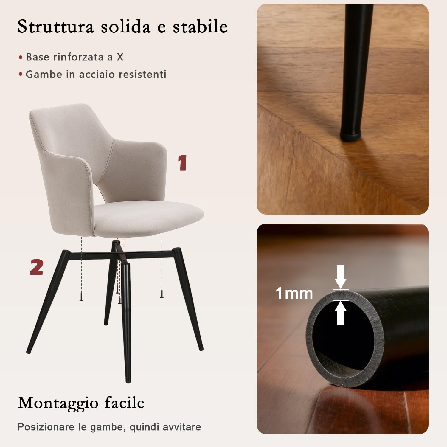 MEUBLE COSY Set di 2 Sedie da Pranzo Scandinavo Imbottito con Schienale Braccioli in Tessuto per Cucina Sala Soggiorno, Beige, 48x54.5x80cm