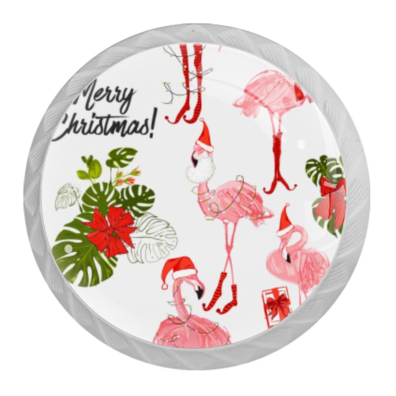 Tqmspg 4 Pieces Drawer Pulls Christmas Pink Flamingo Door Knobs Dresser Handles for Kitchen Wardrobe Cupboard Hardware Furniture