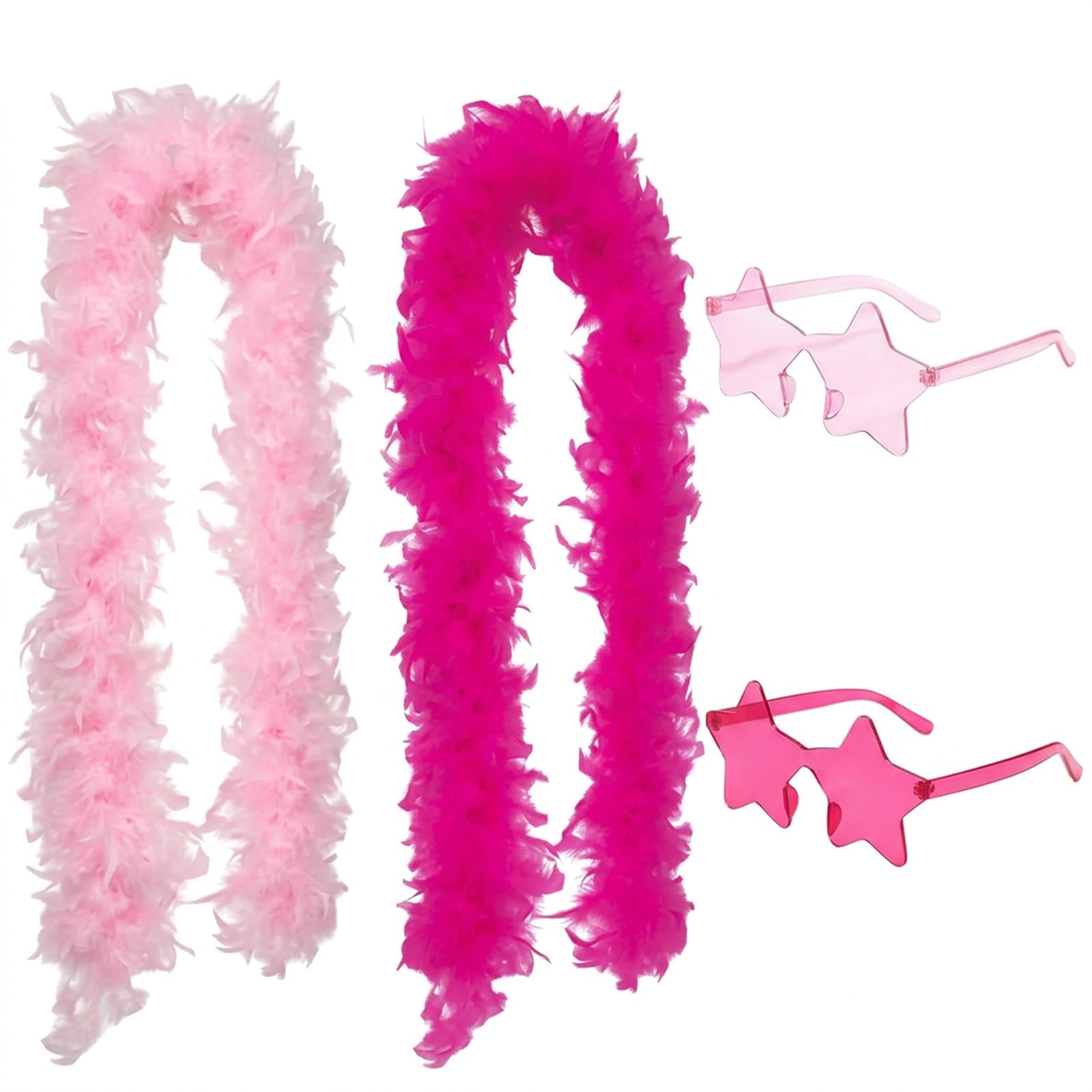 Pink Feather Boa, Feather Boa Set with 2 Adult Feather Scarf and 2 Star Rimless Sunglasses, Soft Pink Boa Costume Accessories for Festivals, Cosplay, Hen Party, Stage Performance, Wedding