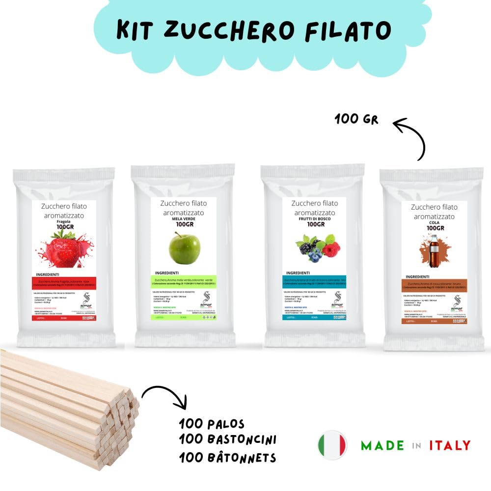 SEMAR | Zucchero per zucchero filato - 4 GUSTI di ZUCCHERO aromatizzato (1conf /100gr cad) + 100 bastoncini OMAGGIO (Fragola/Cola/Frutti di Bosco/Mela Verde)