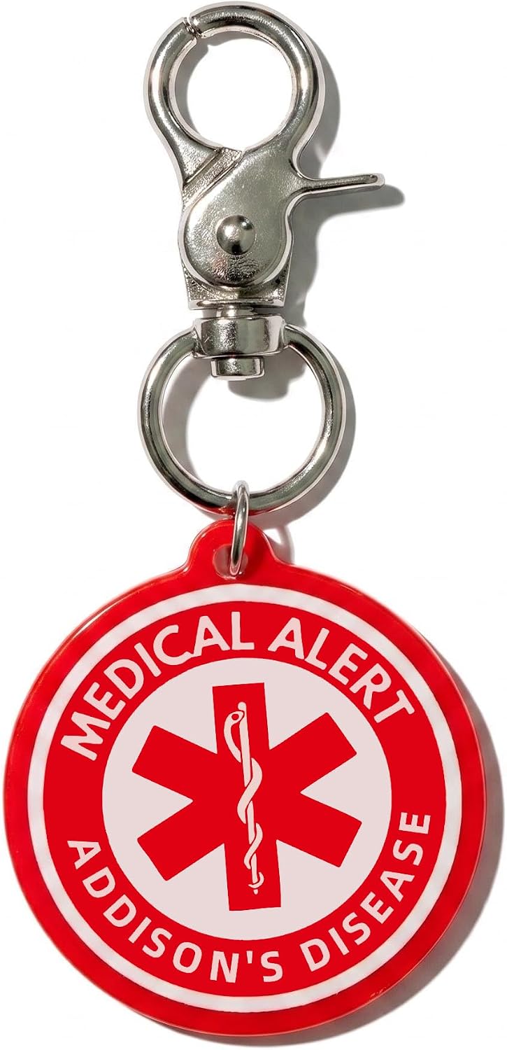 Medical Alert Keychain Tag, Red Round Acrylic, Double-Sided Epoxy, Clear Printed Text, for Type 1 Diabetes and More