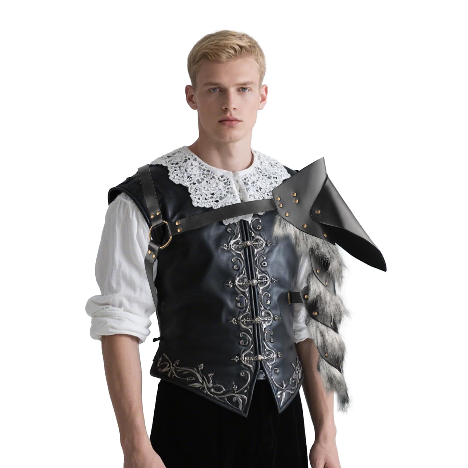 TINAYAUE Men's Medieval Armor Pauldron Black Faux Leather Steamunk Viking Knight Shoulder Armor for Halloween Cosplay Ren Faire Vintage Party Costume Accessory (Feather Single Shoulder)