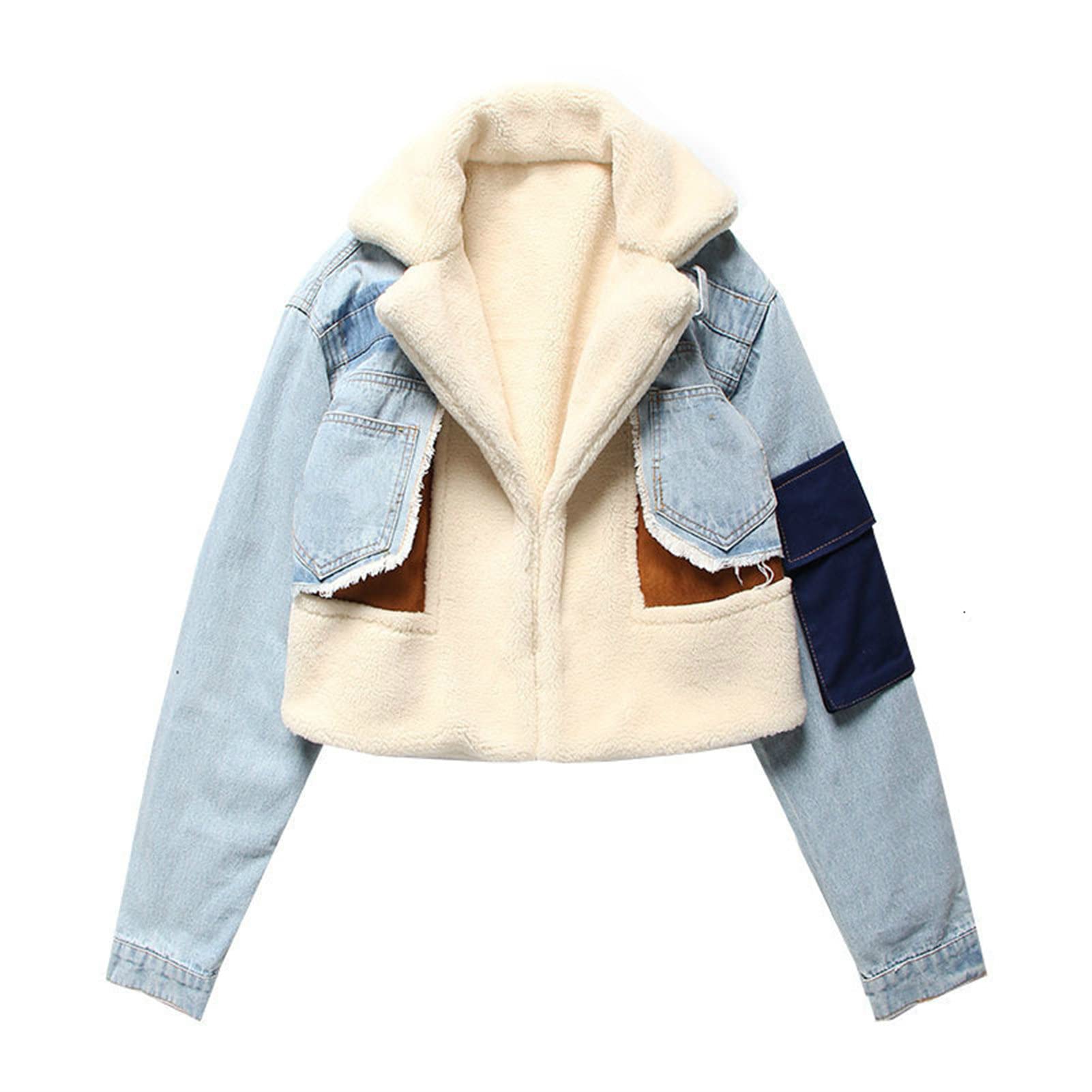Veste en jean patchwork col revers doublure coton d'agneau épaisse - 5