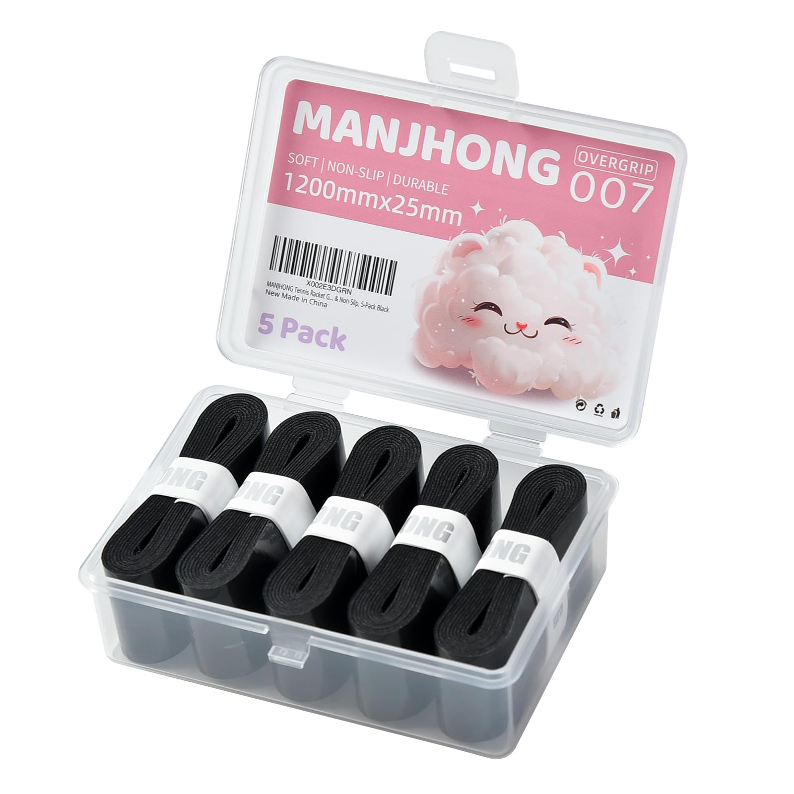 MANJHONG Tennis Racket Grip Tape, Tacky Overgrip for Badminton, Pickleball, Padel, Squash Racquet - Great Sweat Absorption & Non-Slip, 5-Pack Black