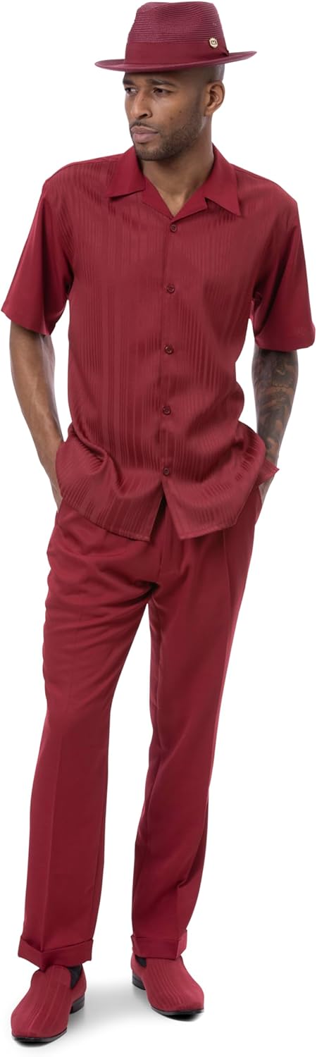 MONTIQUE Men's Walking Suits Set | Men's Fashion Short Sleeve Button-Up Shirt & Relaxed-Fit Cuffed Pants Casual Outfit | 2417