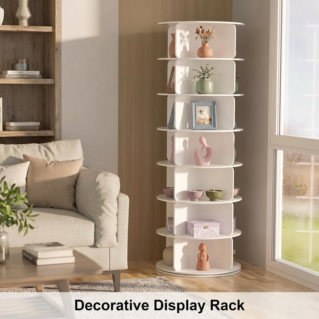 7 Tier Rotating Shoe Rack Tower, 360° Spinning Shoe Rack Lazy Susan, Purse Shelf Display Carousel, Sleek Space-Saving Shoe Storage Stand, White
