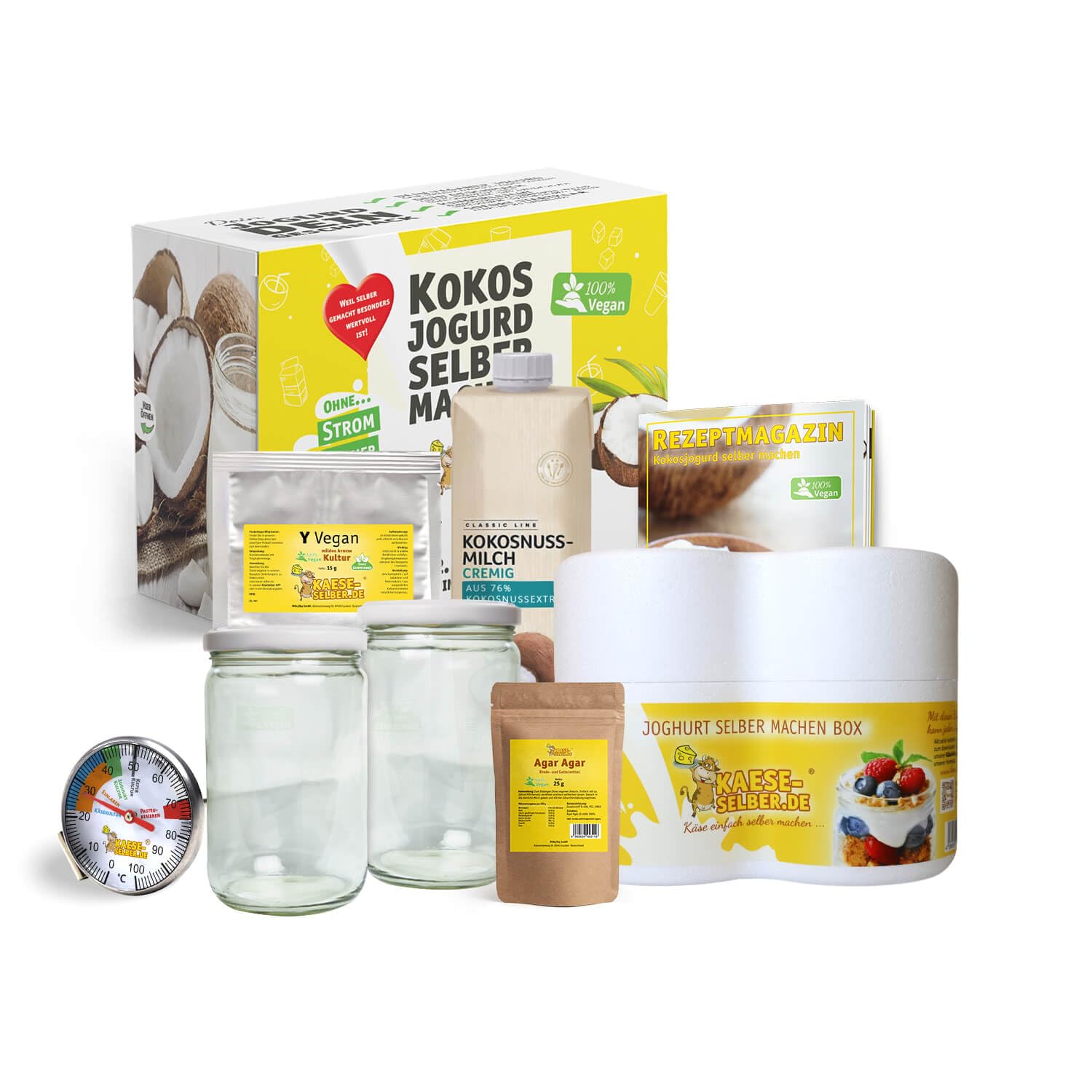kaese-selber.de Veganen Kokosjogurd selber Machen Set - Joghurtbox | Joghurt ohne Strom, Joghurtbox, Joghurtbereiter inklusive