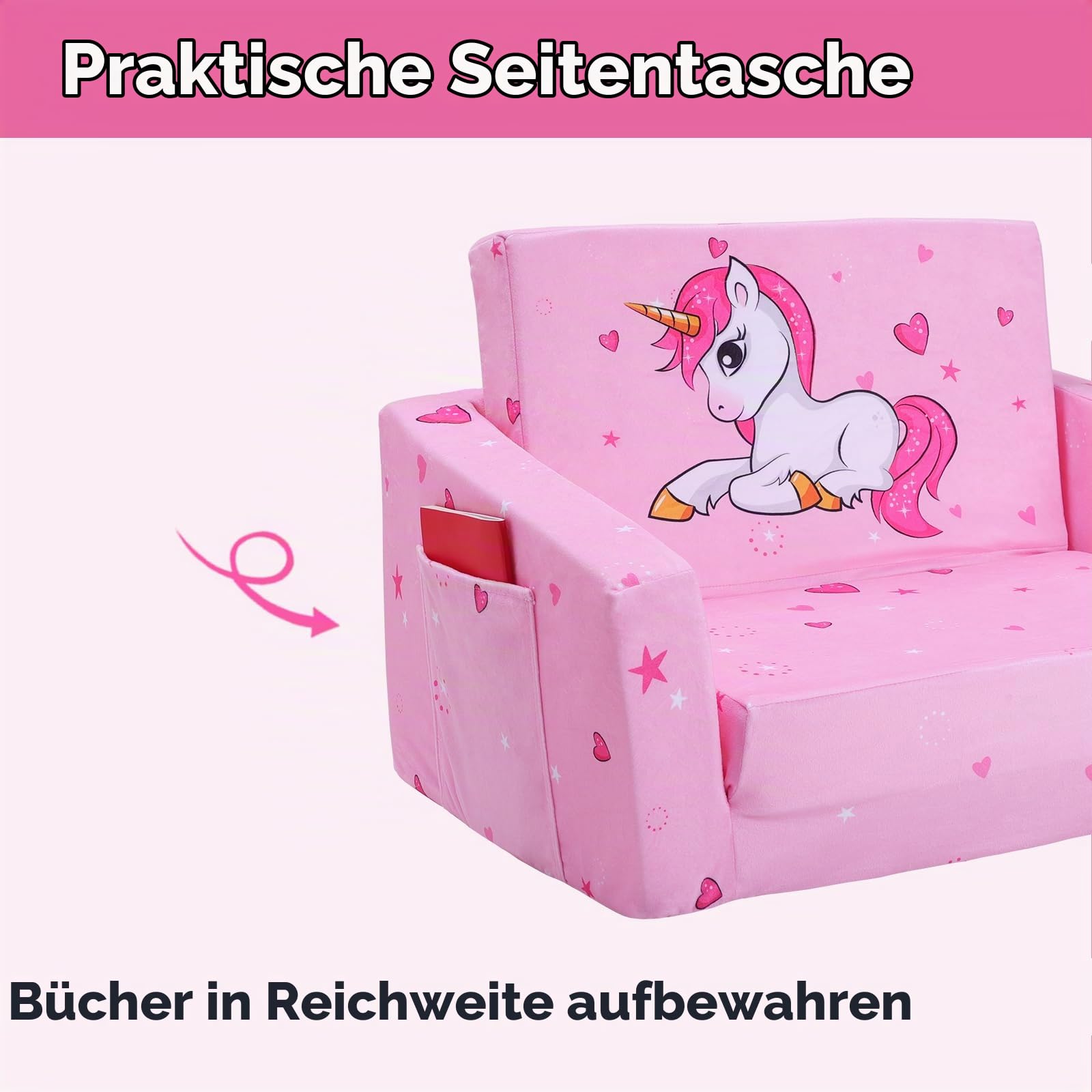 Faltbarer KinderSofa-Rückenlehen-Sessel 2 in 1, Standfest Kindersessel mit Stofftasche und Rutschfestes Kissen, Weiche Leichte Flip Open Kinderstuhl für Schlafzimmer Wohnzimmer Spielzimmer, Einhorn