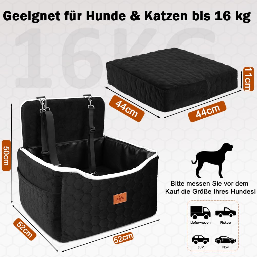 SZEE Stabiler Reise Hunde Autositz für Kleine/Mittlere Hunde bis 15 Kg, Einzigartiger Hundesitz Auto mit Abnehmbares Kunstleder-Inlay,Ausklappbares Hundebett mit Zwei Metall-Sicherheitsgurte