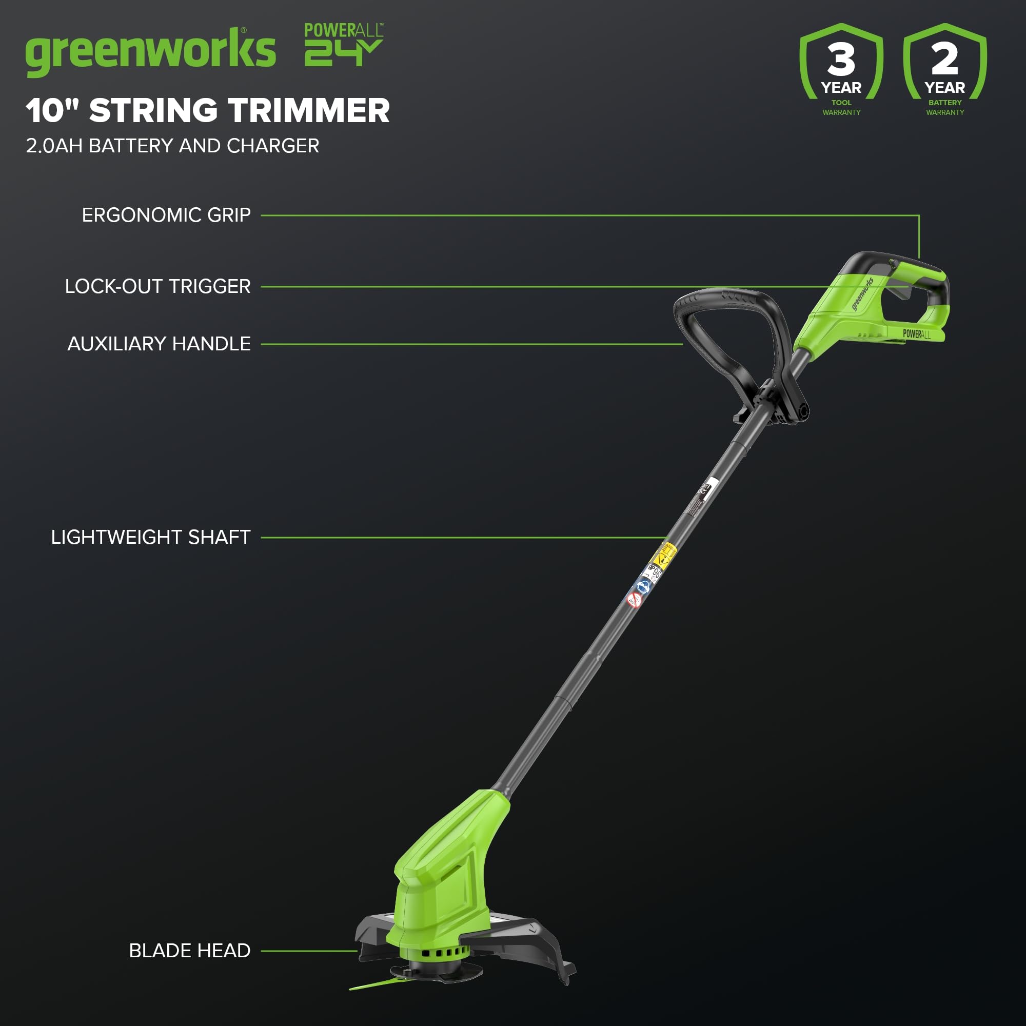 Greenworks 24V Coupe-Bordures sans Fil pour Moyens Jardins, Hauteur réglable, Largeur de Coupe 25 cm, 20 Couteaux Clients Inclus, Batterie 2.0 Ah et Chargeur, Barre de Guidage télescopique réglable