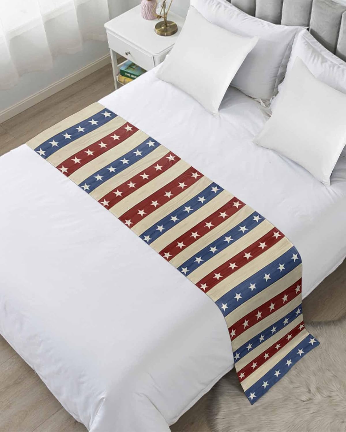 Independence Day Bed Runner Stars and Stripes Bedding Runner Scarves Decorative Bed Scarf,Red Blue Line Patriotic Soft Full Bedding Runners for Bedroom Hotel Wedding 83x20in