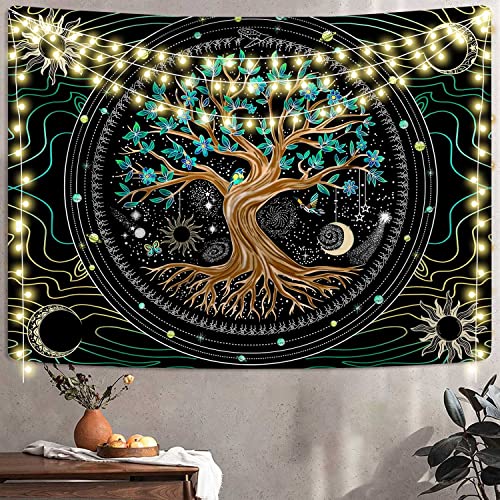 AACKart Wandteppich Baum des Lebens – spiritueller Wandteppich für Schlafzimmer, ästhetischer Sonne, Mond, Wandteppich, Baum-Wandteppich, Wandbehang – 150 x 130 cm